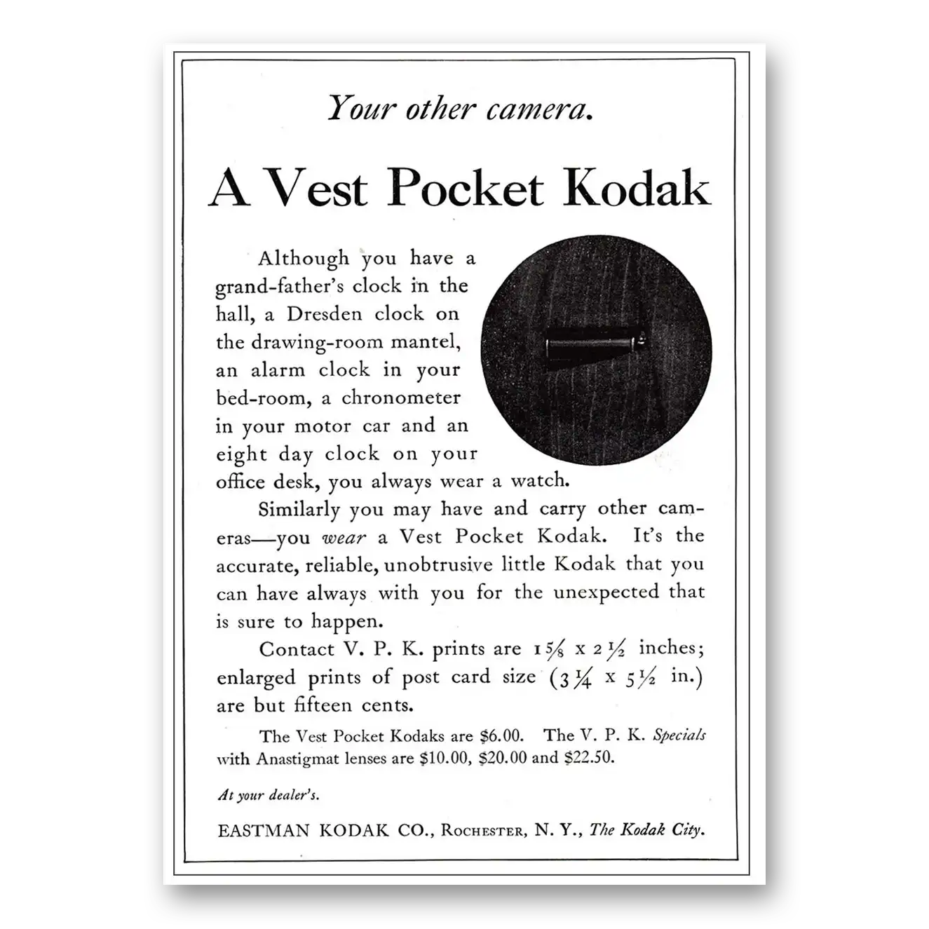 1917 Kodak Vest Pocket Print Ad | Grandfathers Clock