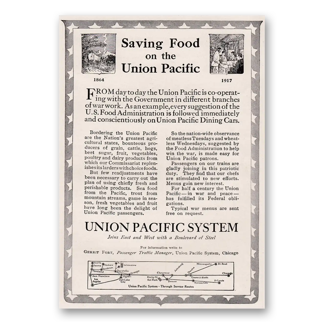 1917 Union Pacific Railroad Print Ad | Saving Food