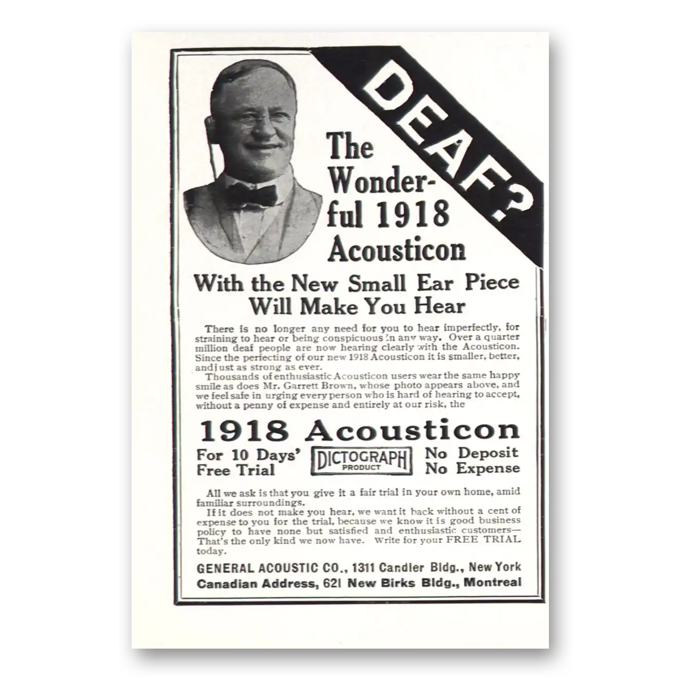 1918 Acousticon Hearing Aid Print Ad | Small Ear Piece