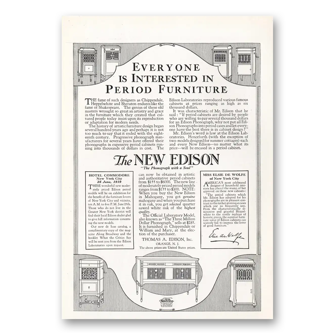 1919 Edison Phonograph Print Ad | Period Furniture