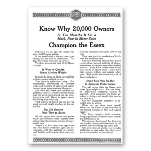 1920 Essex Motors Print Ad | Champion Essex