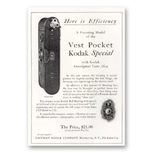 1921 Kodak Vest Pocket Print Ad | Here Is Efficiency