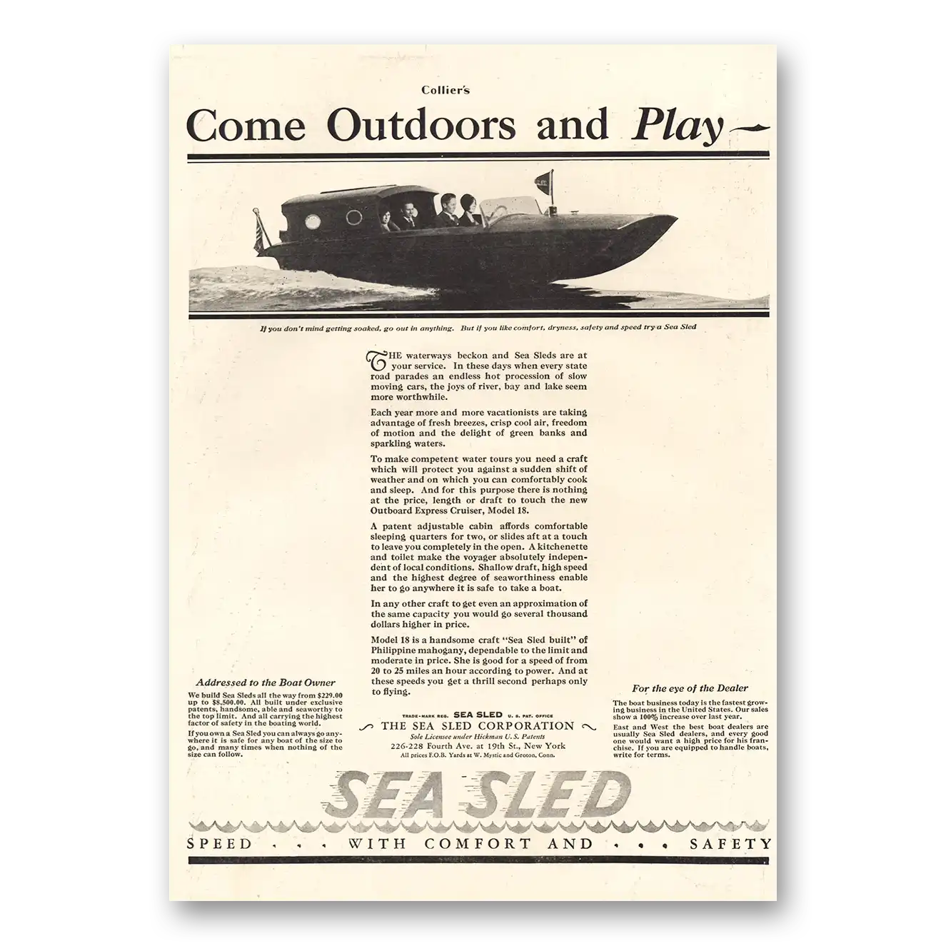 1929 Sea Sled Print Ad | Come Outdoors Play