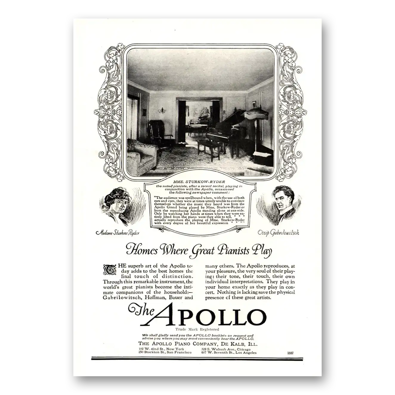 1922 Apollo Piano Print Ad | Mme Sturkow Ryder