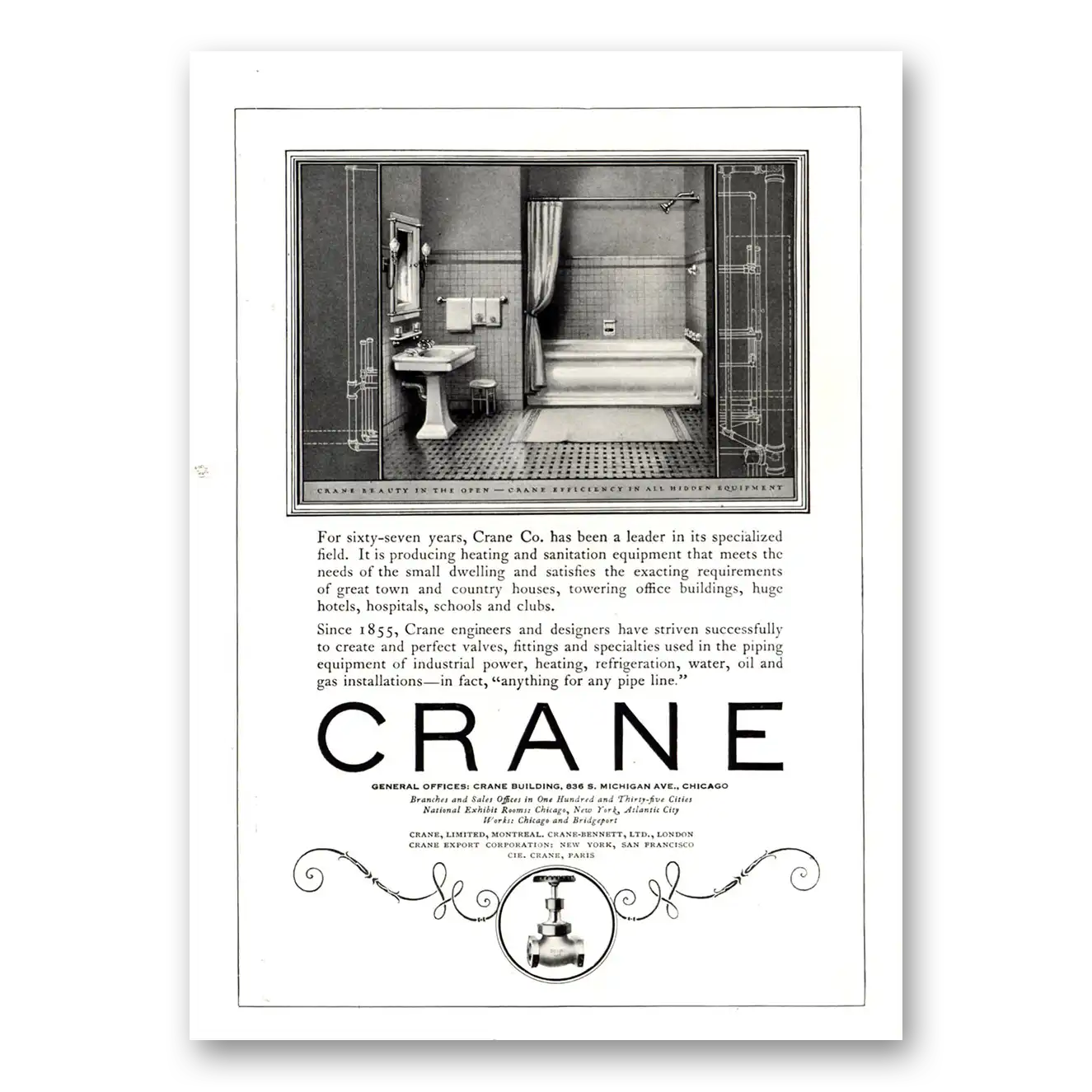 1922 Crane Print Ad | Sixty Seven Years