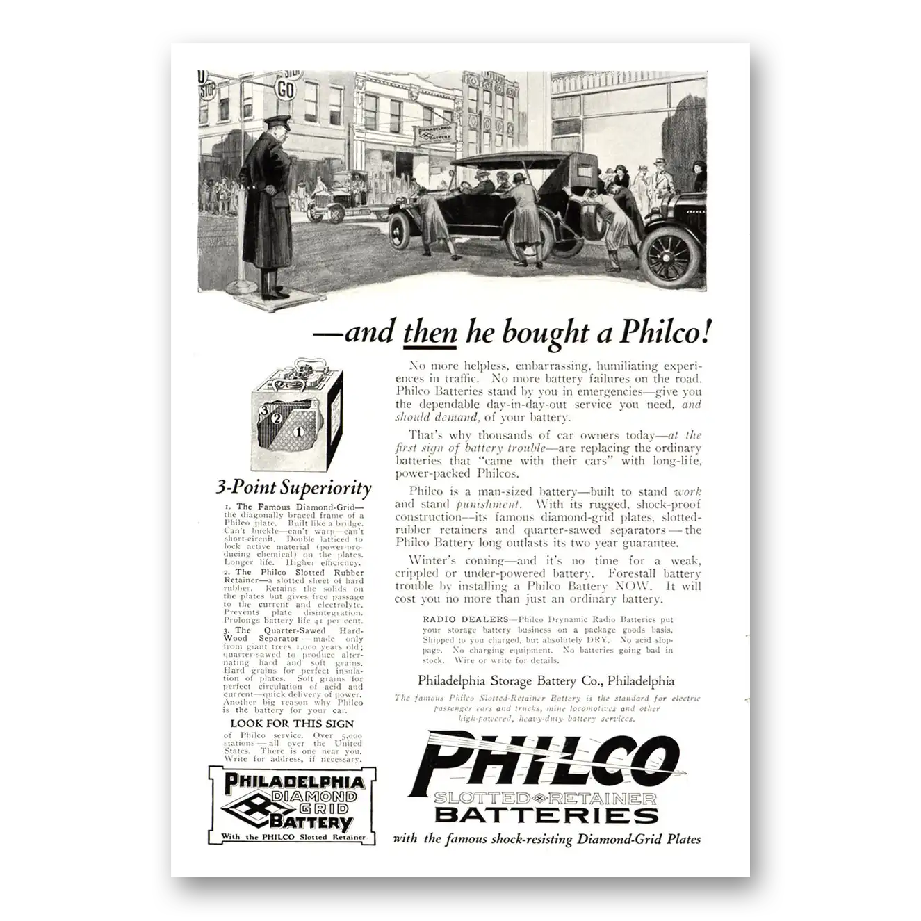 1922 Philco Diamond Grid Batteries Print Ad | He Bought