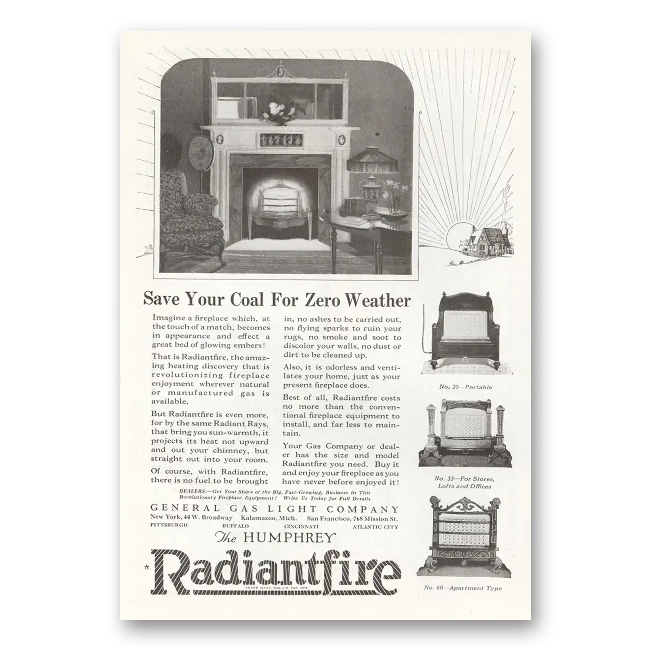 1922 General Gas Light Print Ad | Zero Weather