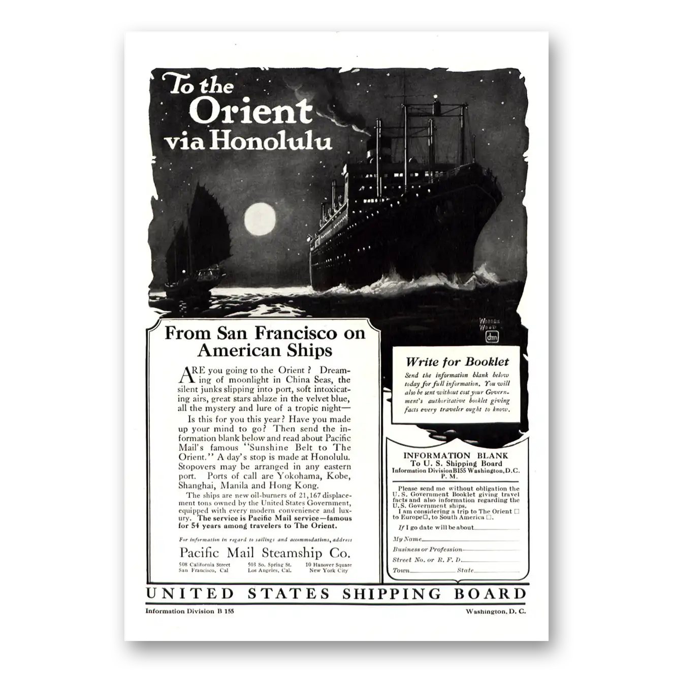 1922 Pacific Mail Steamship Print Ad | Honolulu