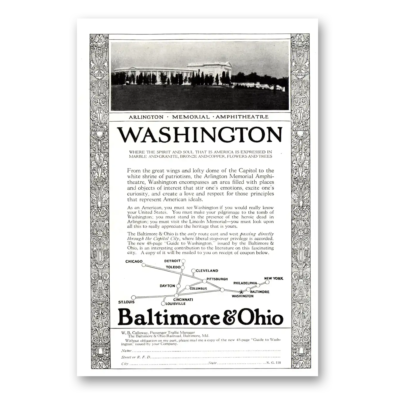 1923 Baltimore and Ohio Railroad Print Ad | Arlington Memorial