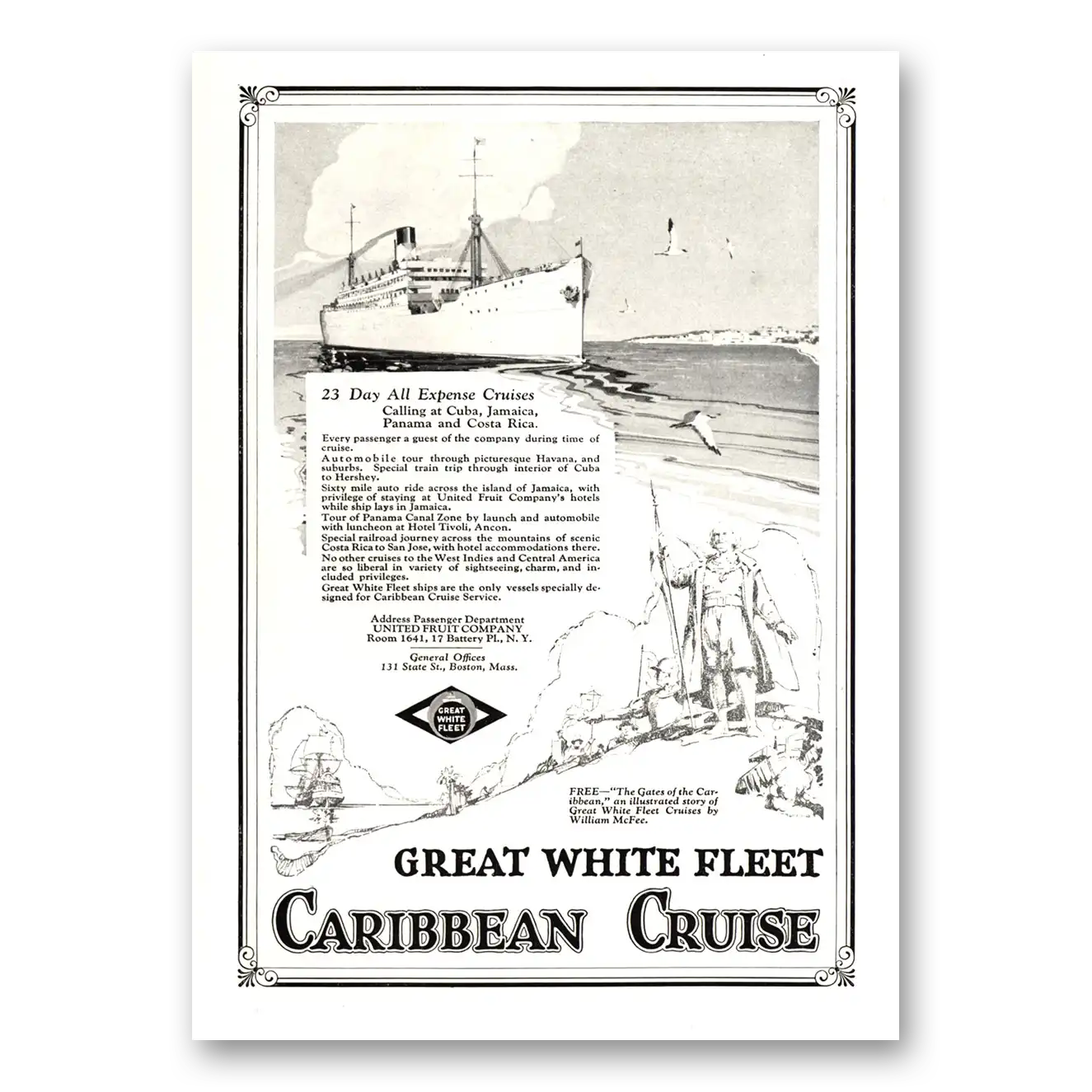 1923 Great White Fleet Print Ad | Caribbean Cruise