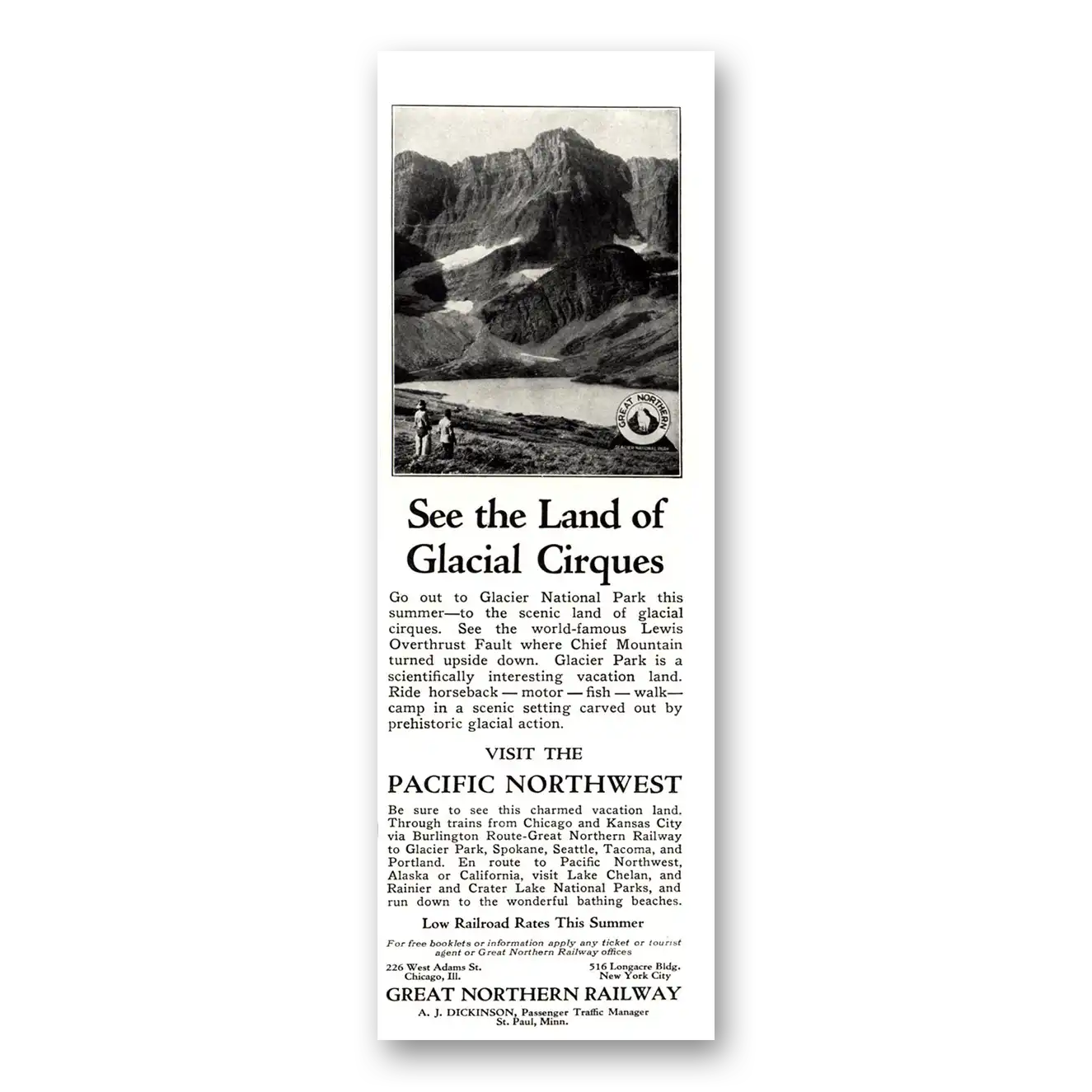 1923 Great Northern Railway Print Ad | Glacial Cirques