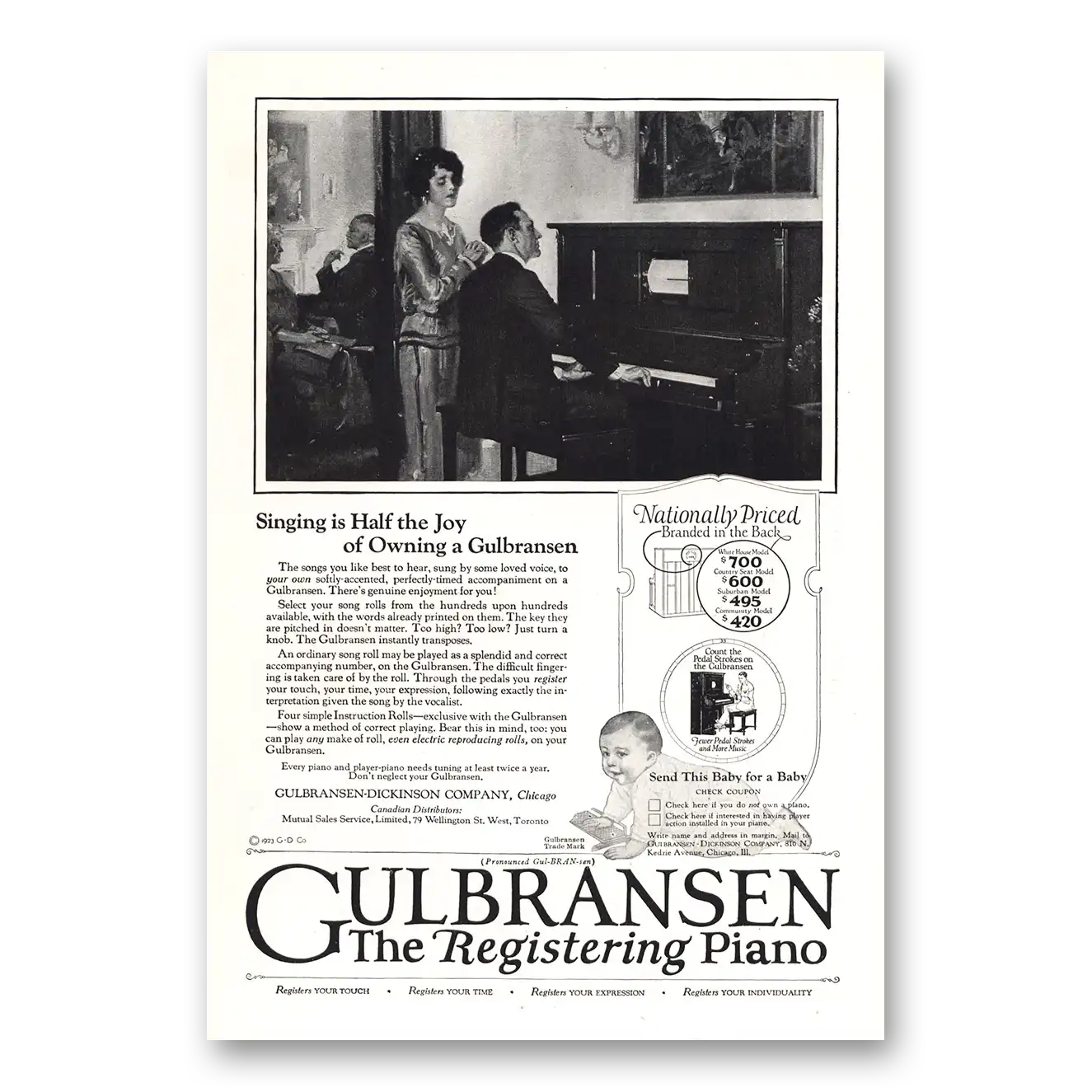 1923 Gulbransen Piano Print Ad | Registering Piano