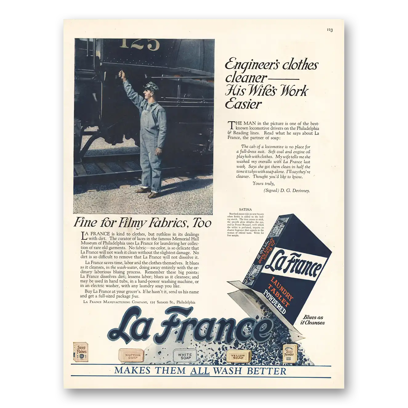 1924 La France Laundry Tablet Print Ad | Engineers Clothes