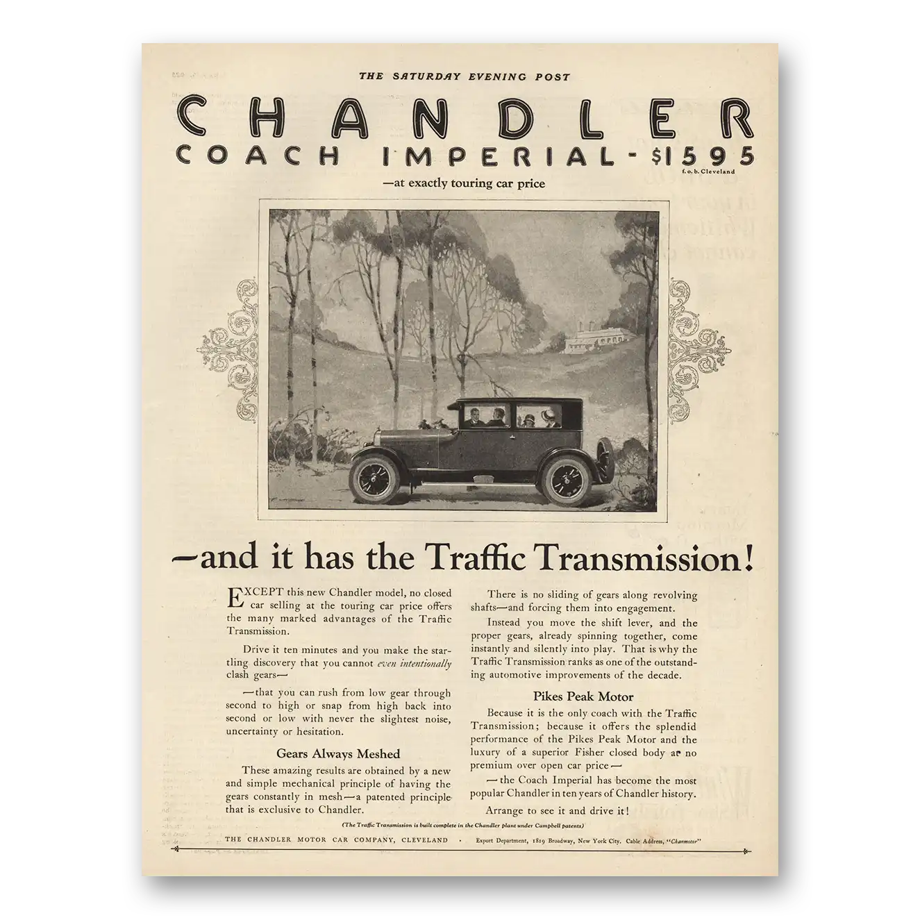 1925 Chandler Motor Car Print Ad | Traffic Transmission