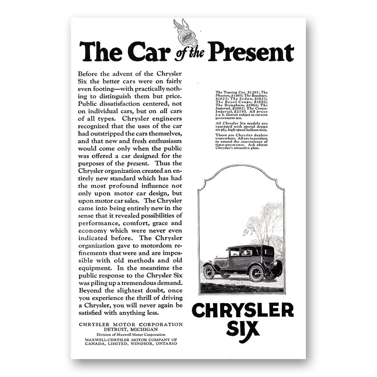 1925 Chrysler Six Print Ad | Car Present