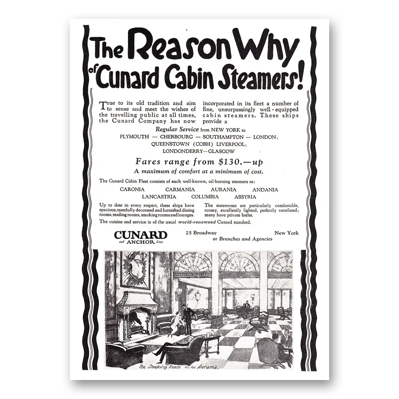 1925 Cunard Print Ad | Cabin Steamers