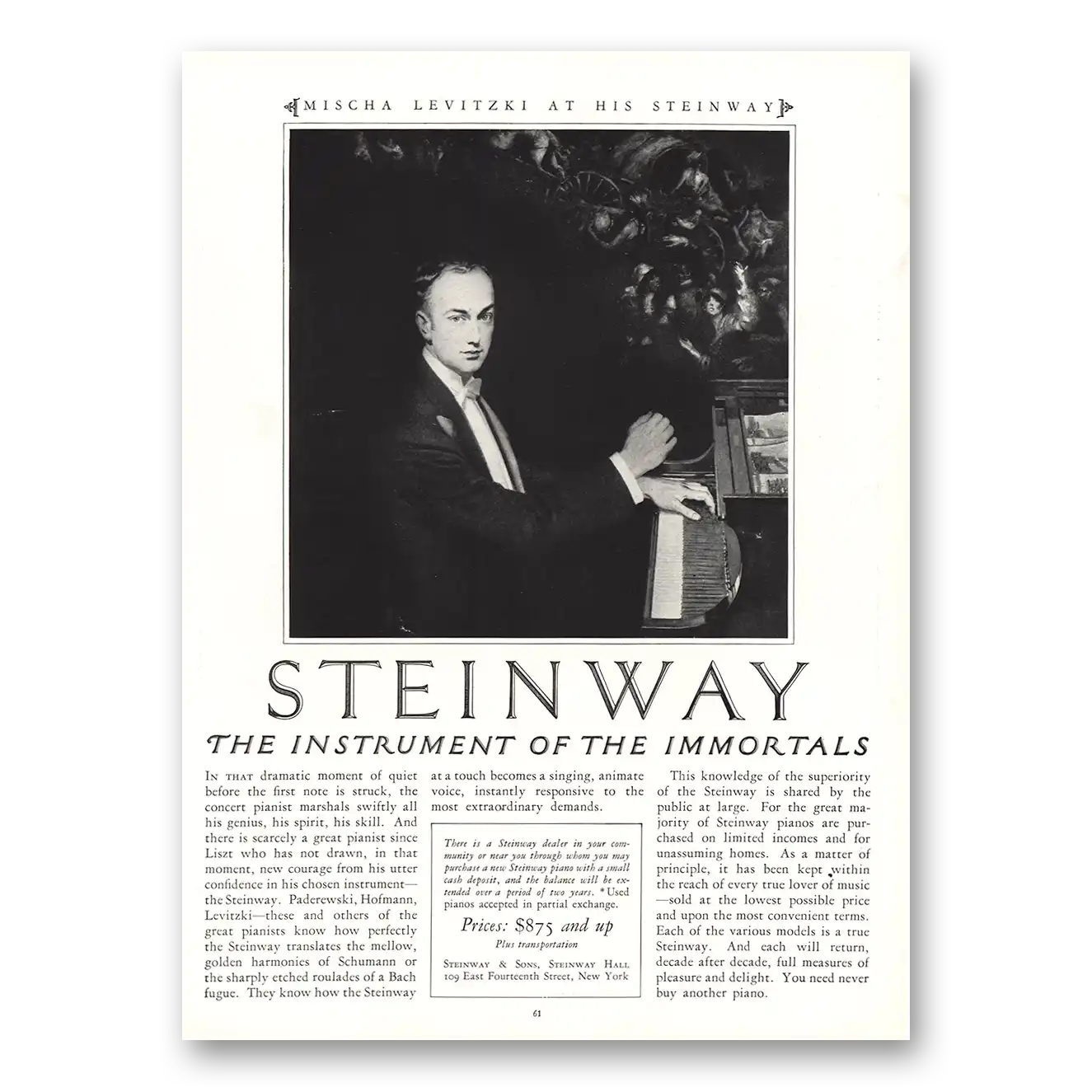 1925 Steinway Piano Print Ad | Mischa Levitzki