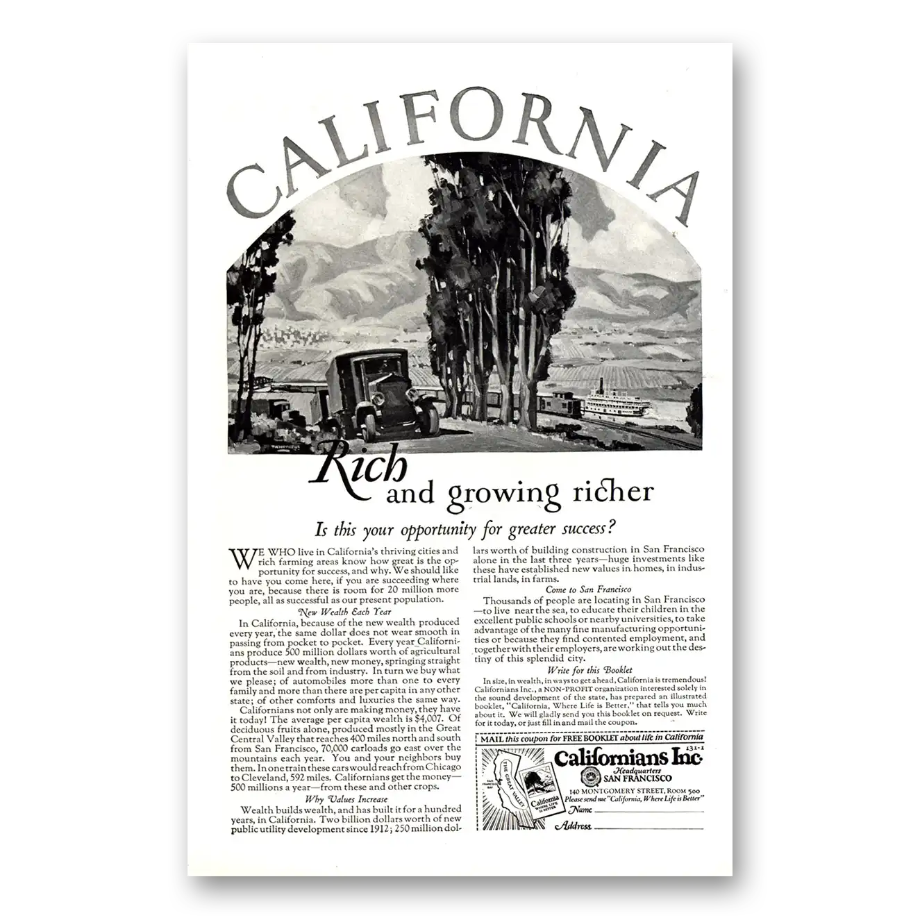1926 California Print Ad | Rich Growing Richer