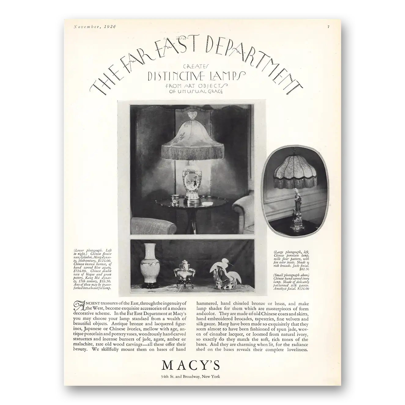 1926 Macys Distinctive Lamps Print Ad | Far East