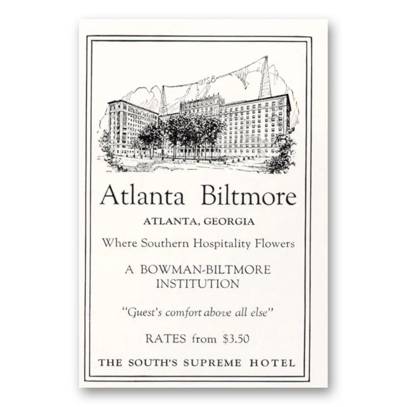1927 Atlanta Biltmore Hotel Print Ad | Southern Hospitality