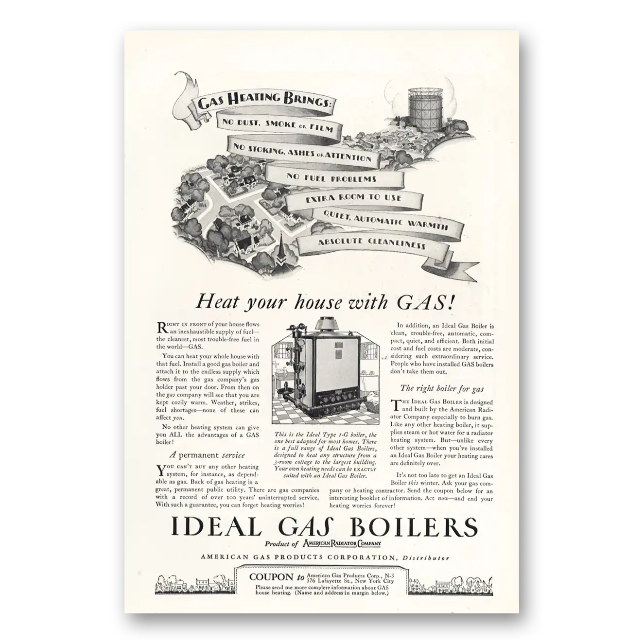 1927 Ideal Gas Boilers Print Ad | No Dust