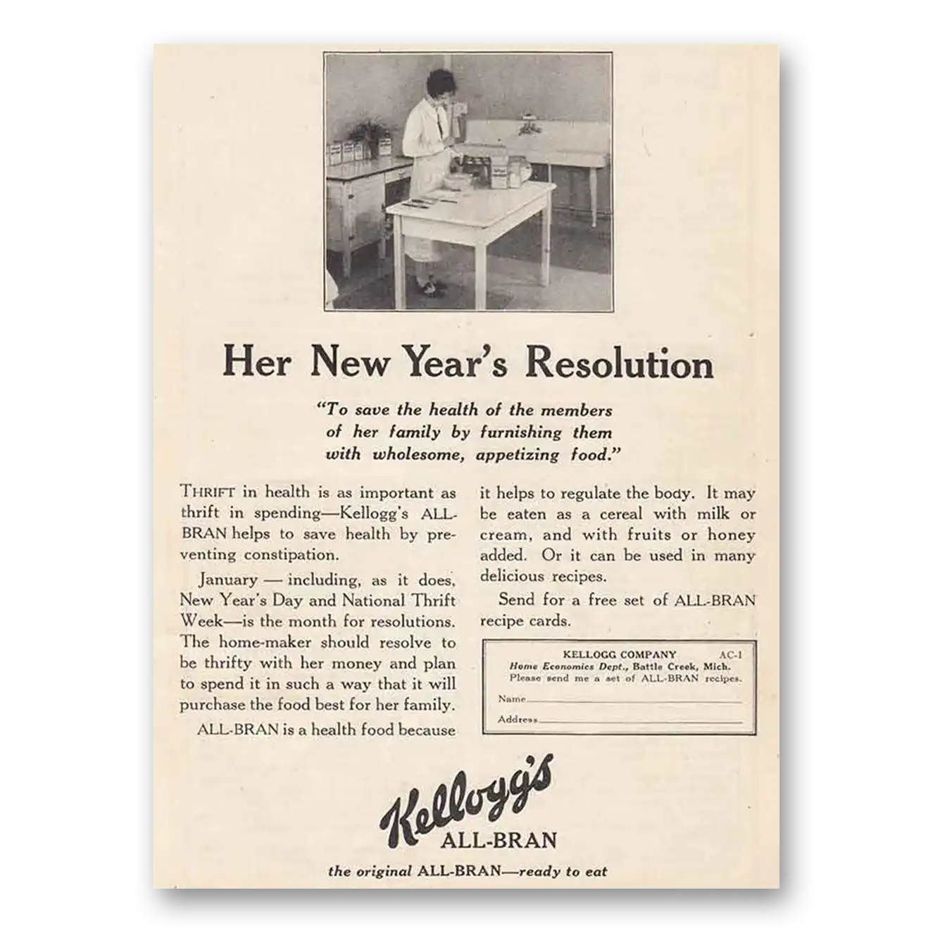 1927 Kelloggs All Bran Cereal Print Ad | New Years Resolution