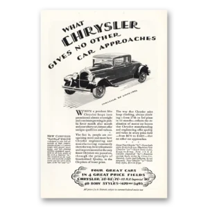 1928 Chrysler 62 Coupe Print Ad | Car Approaches