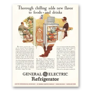 1928 General Electric Refrigerator Print Ad | Thorough Chilling