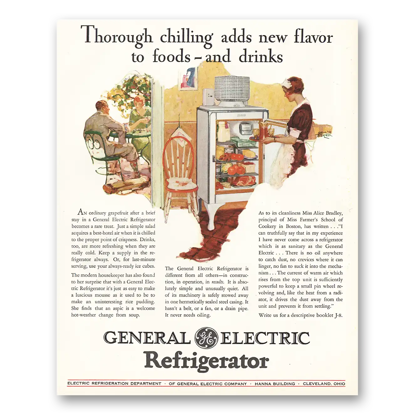 1928 General Electric Refrigerator Print Ad | Thorough Chilling
