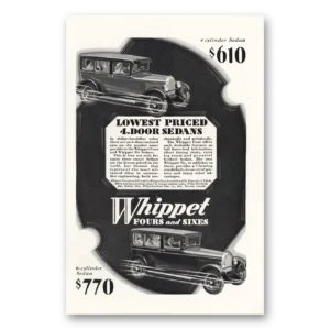 1928 Whippet Automobile Print Ad | 4 Cylinder Sedan