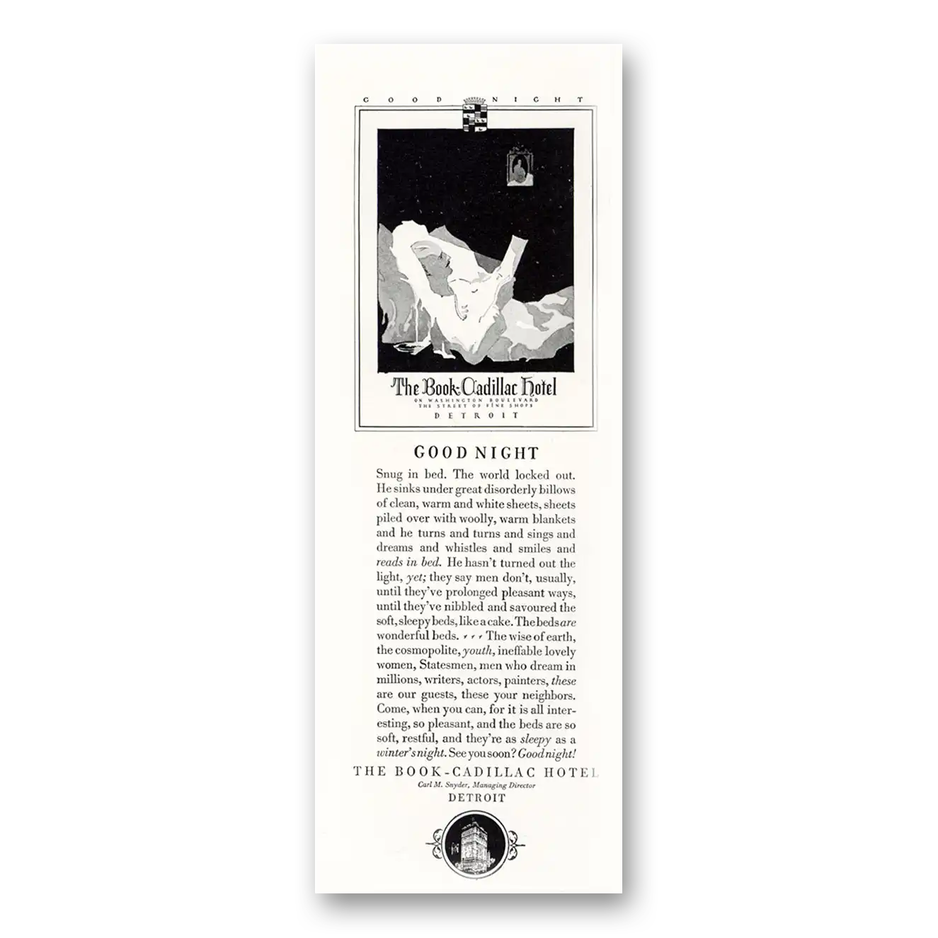 1929 Book Cadillac Hotel Print Ad | Good Night