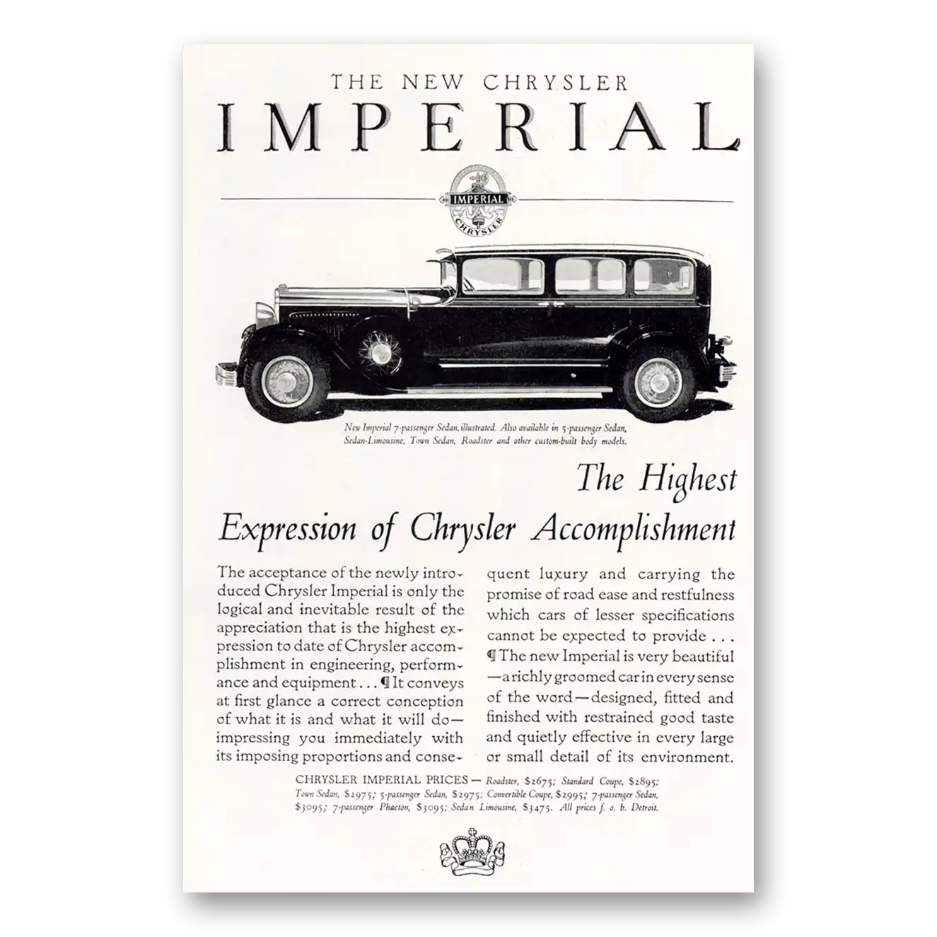 1929 Chrysler Imperial Print Ad | Highest Expression