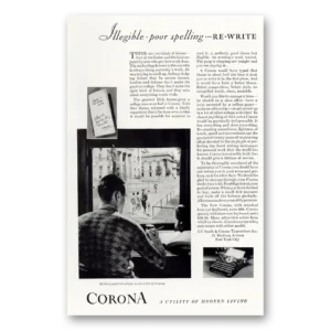 1929 Corona Typewriter Print Ad | Poor Spelling