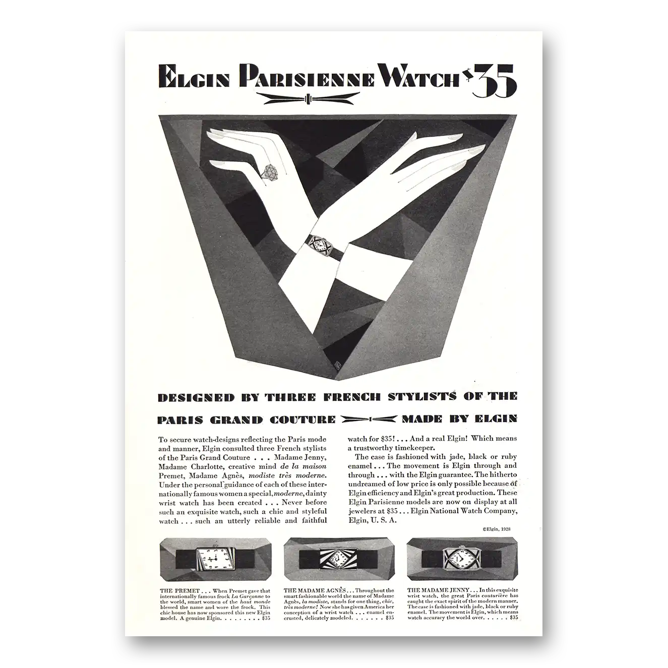 1929 Elgin Watch Print Ad | Three French Stylists