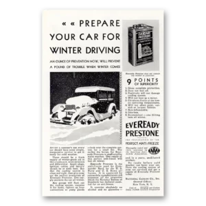1929 Eveready Prestone Print Ad | Winter Driving