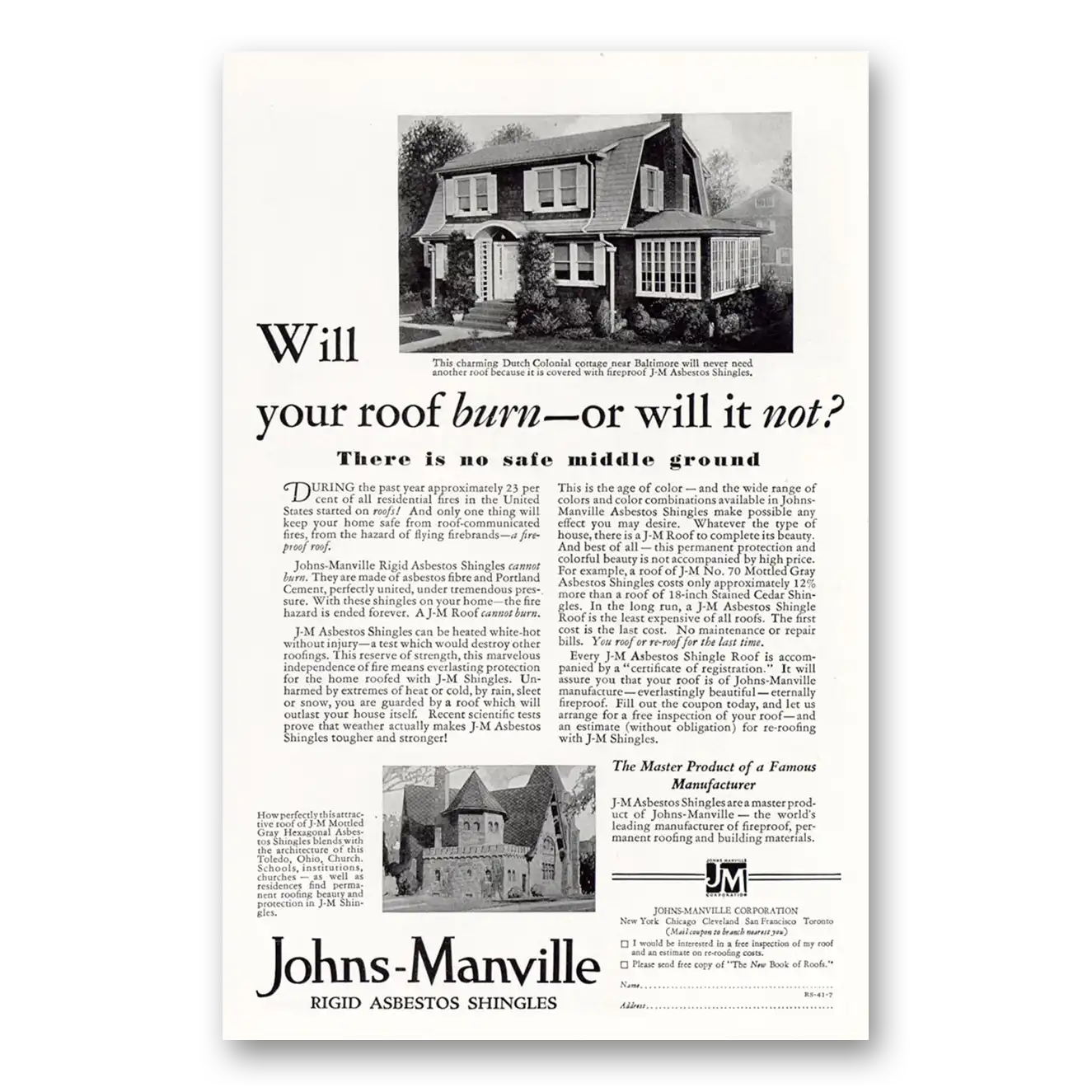 1929 Johns Manville Print Ad | Will Roof Burn