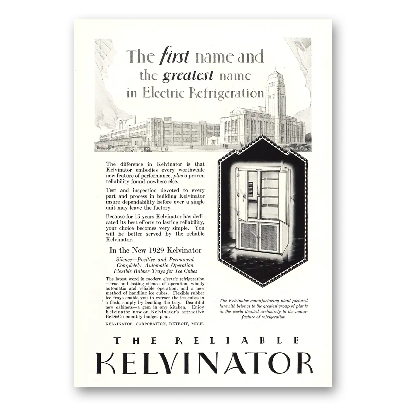 1929 Kelvinator Refrigerator Print Ad | Greatest Name