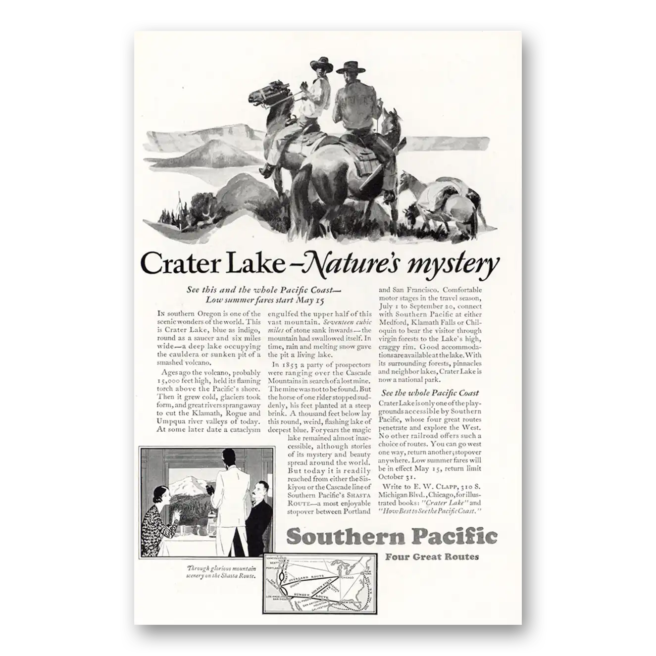 1929 Southern Pacific Print Ad | Crater Lake