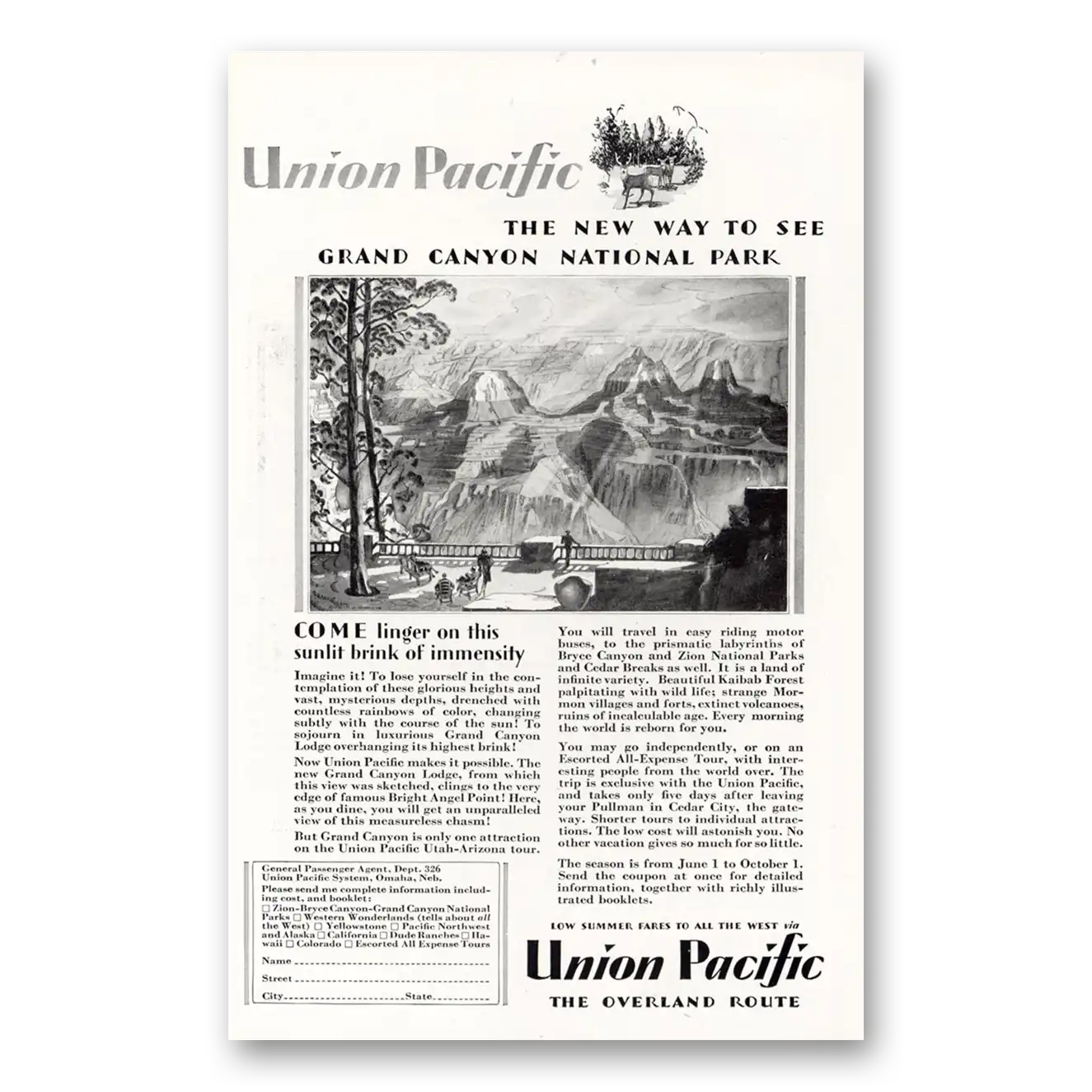 1929 Union Pacific Railroad Print Ad | Grand Canyon