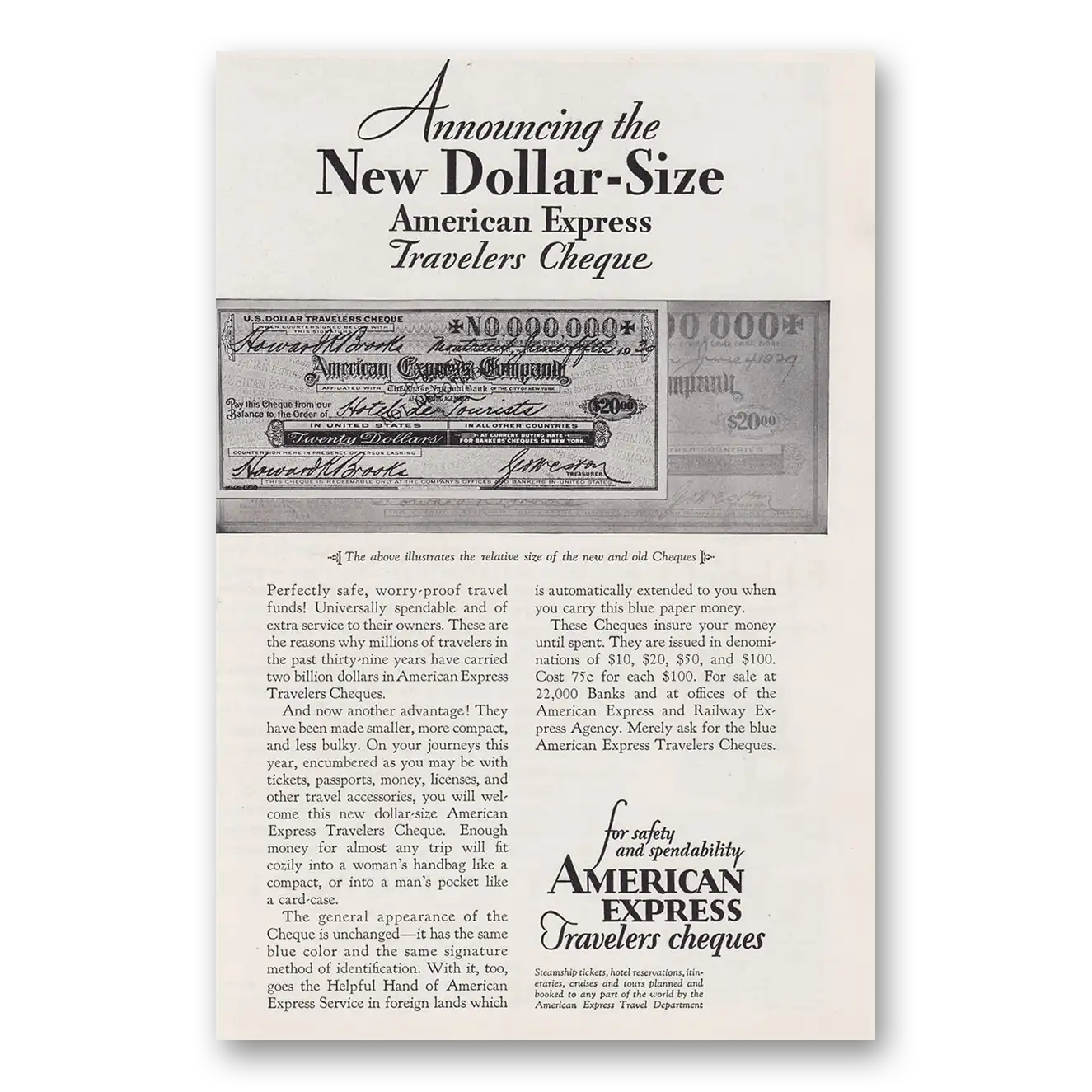 1930 American Express Travelers Cheques Print Ad | New Dollar Size