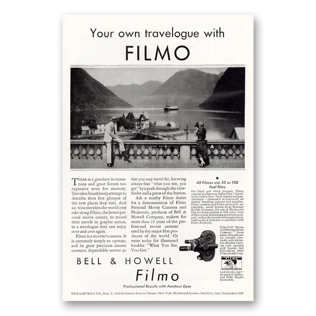 1930 Filmo Camera Print Ad | Travelogue