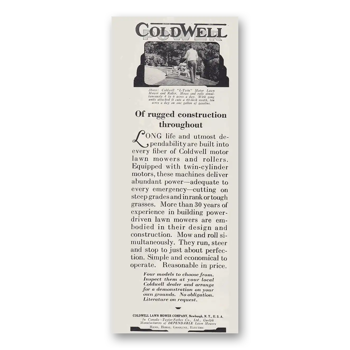 1930 Coldwell Lawn Mower Company Print Ad | Rugged Construction