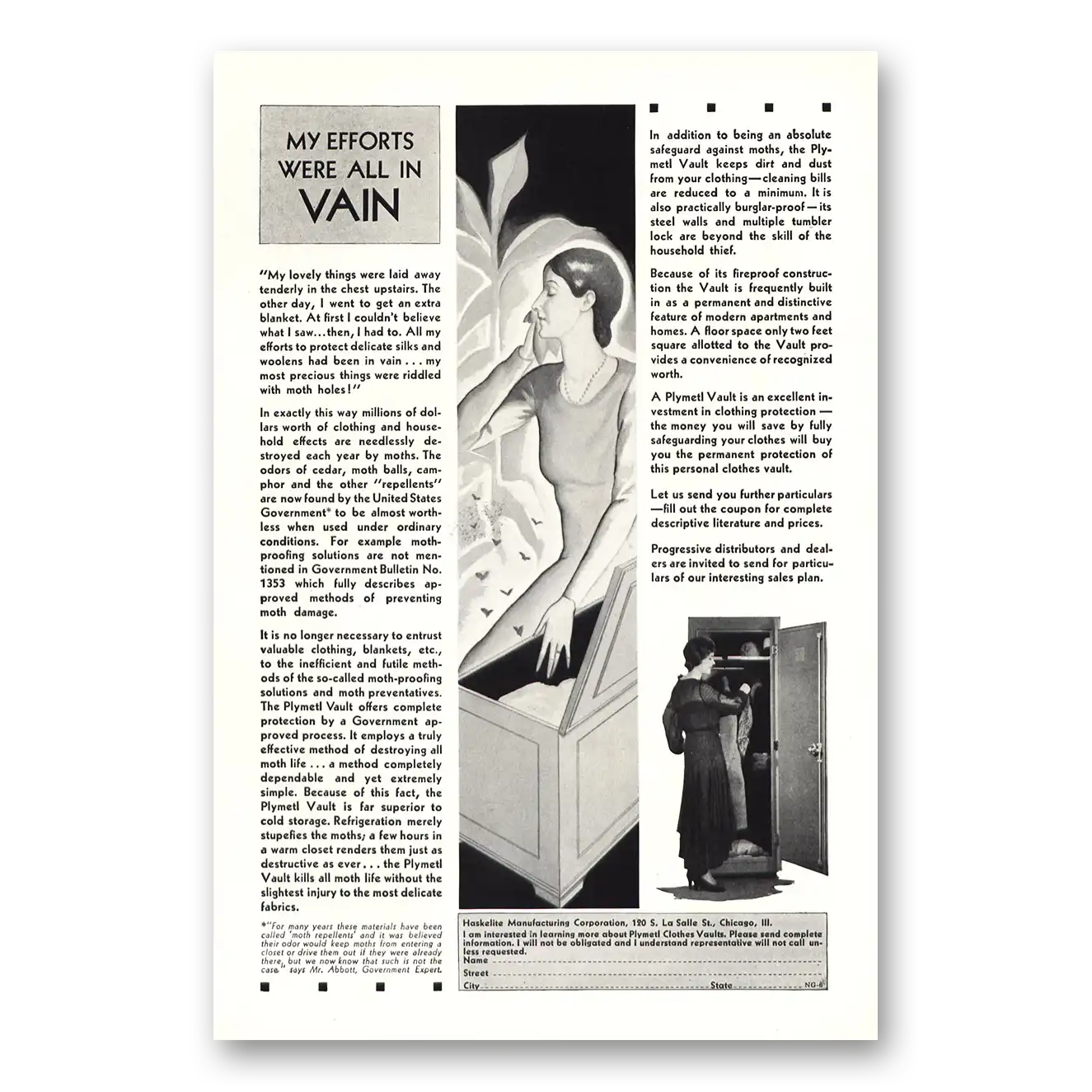 1930 Haskelite Plymetl Vault Print Ad | In Vain