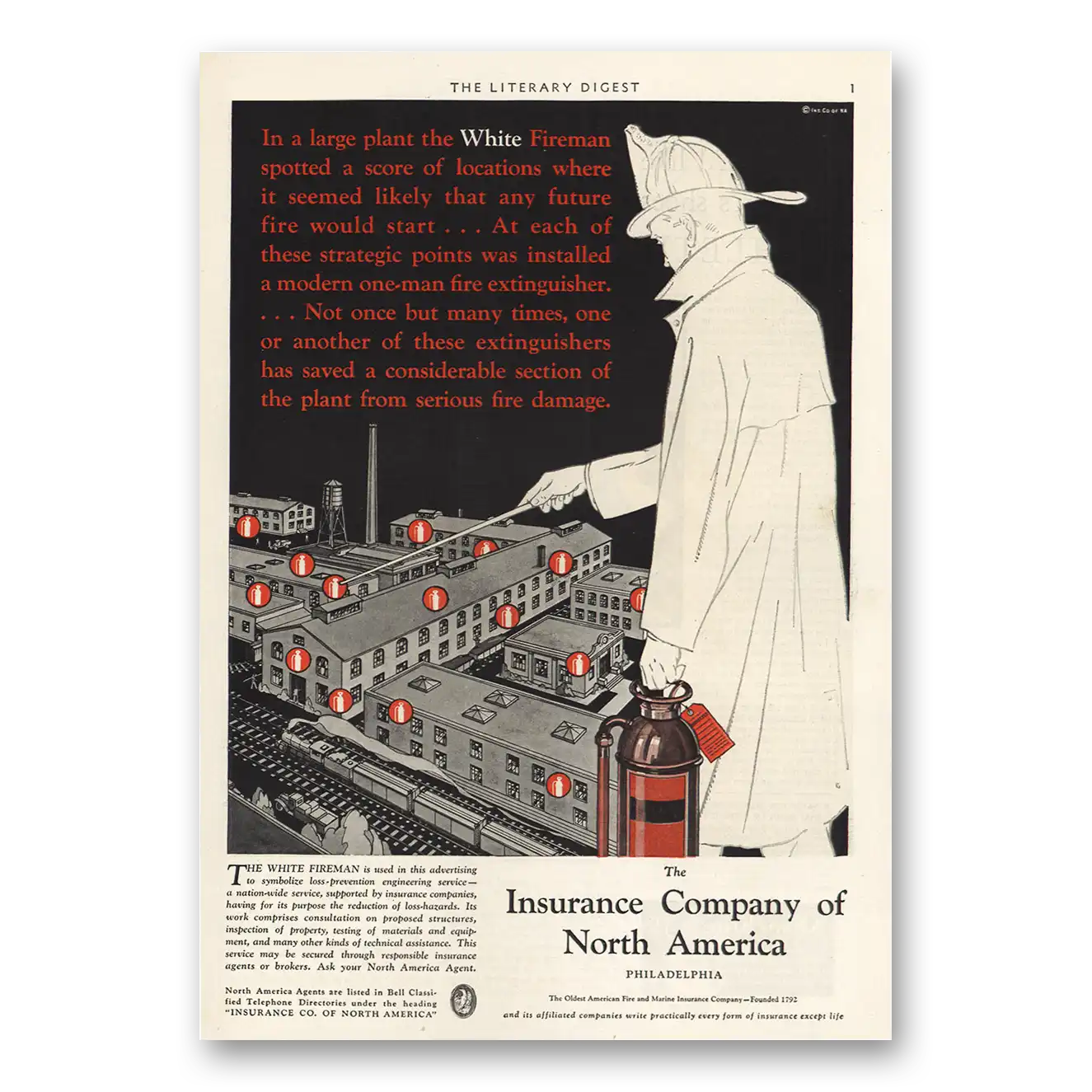 1930 Insurance Company North America INA Print Ad | White Fireman