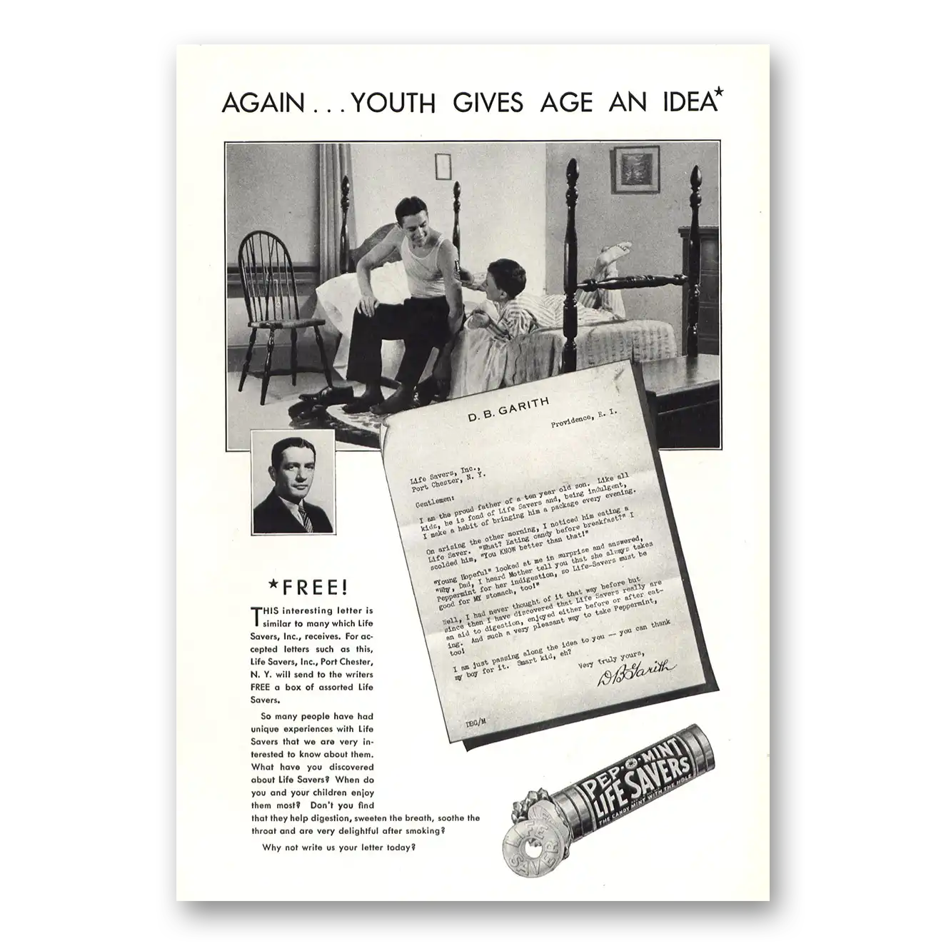 1930 Pep O Mint Life Savers Print Ad | Youth Gives Age