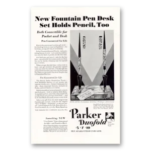1930 Parker Duofold Pen Print Ad | Desk Set