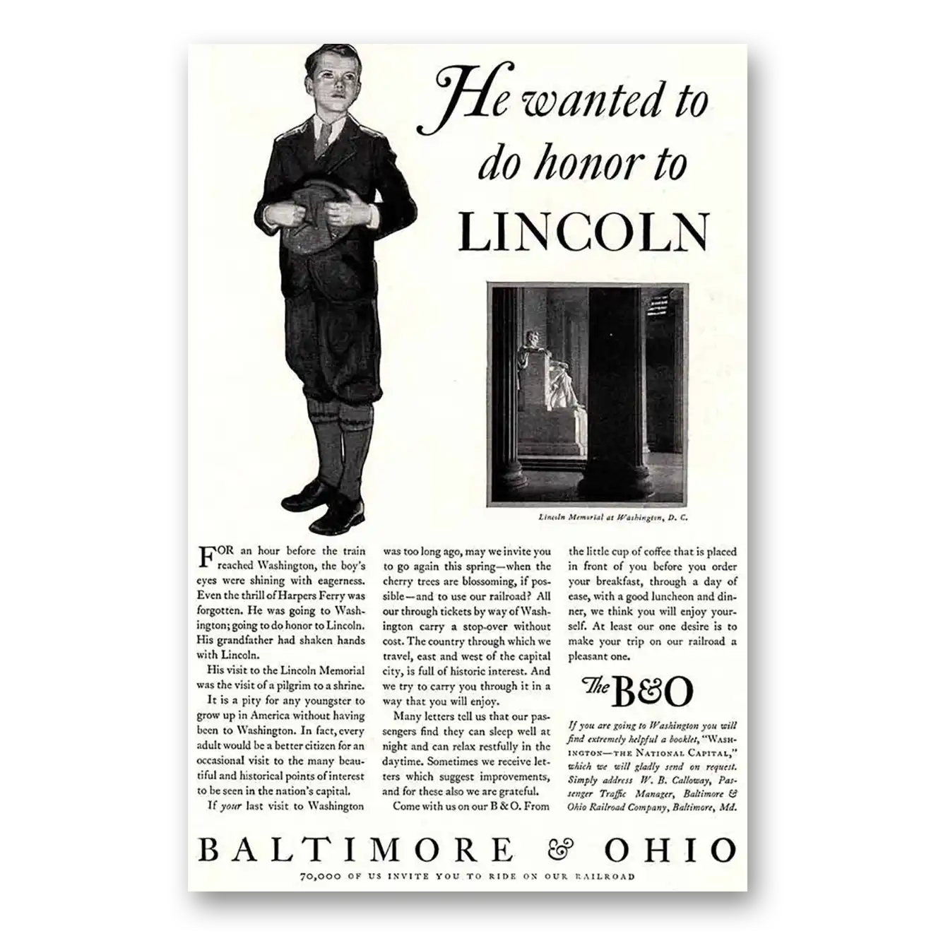1931 Baltimore and Ohio Railroad Print Ad | Honor Lincoln