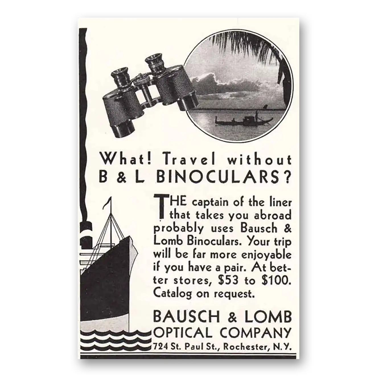 1931 Bausch & Lomb Binoculars Print Ad | Captain Liner