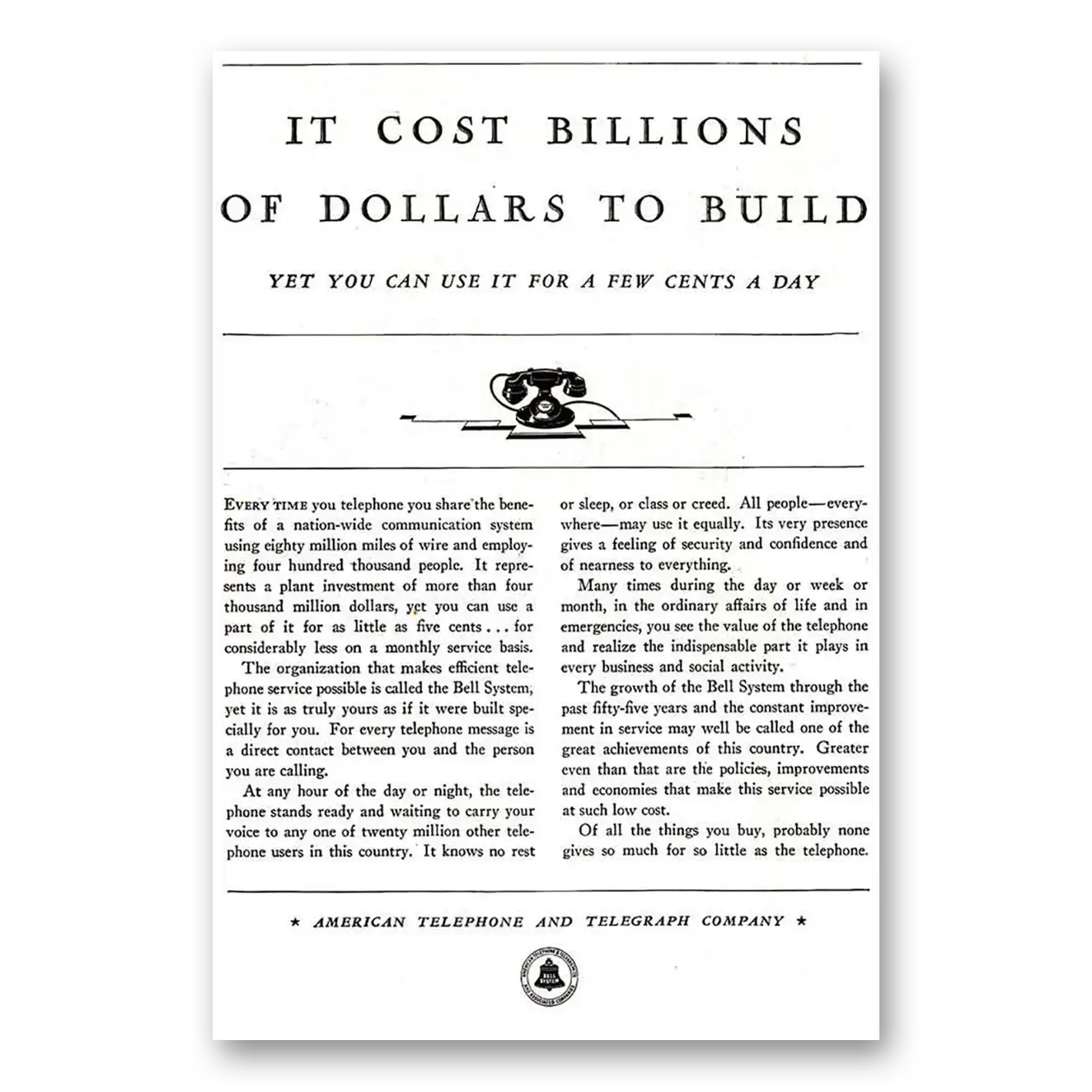 1931 American Telephone Print Ad | Billions Dollars