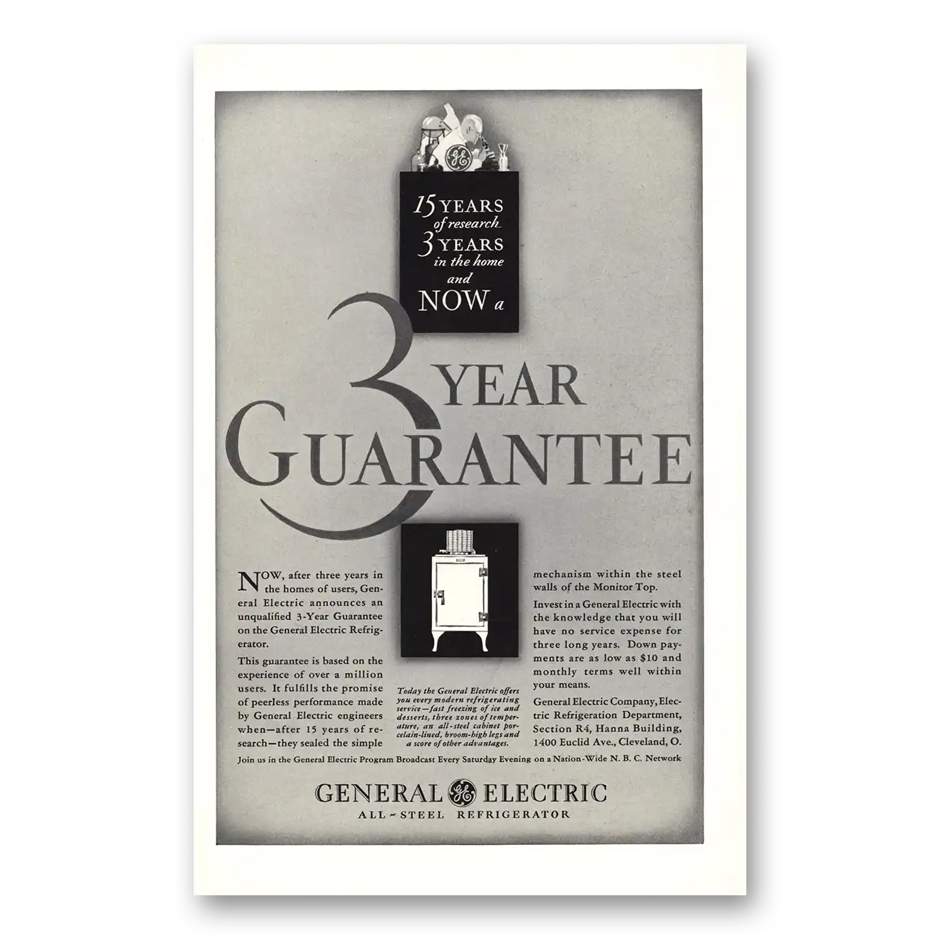1931 General Electric Refrigerator Print Ad | Three Years